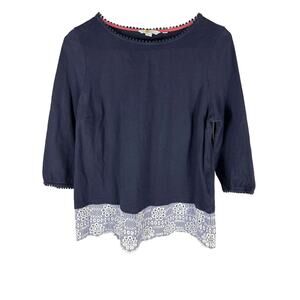 Boden Womens Top Navy Blue Jersey Broderie Overlay Pullover 3/4 Sleeve Size 10